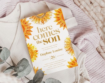 Here Comes the Sun Baby Shower Invitation, Printable Boho Sunshine Sprinkle Invite, For a Boy or Son, Little Ray of Sunshine BUB002