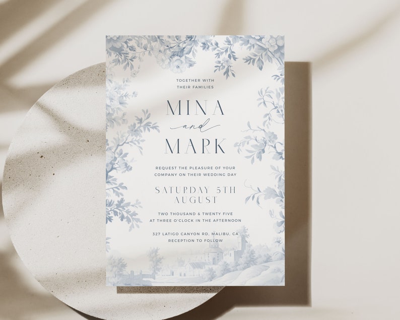 Plantilla de invitación de boda Toile, invitación a chinoiserie de porcelana azul polvoriento imprimible, suite de boda botánica tradicional 5x7 - HLW01 imagen 5