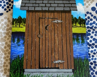 Old Brown Outhouse Miniature Acrylic Painting hand painted on a 5 inch X 7 inch canvas