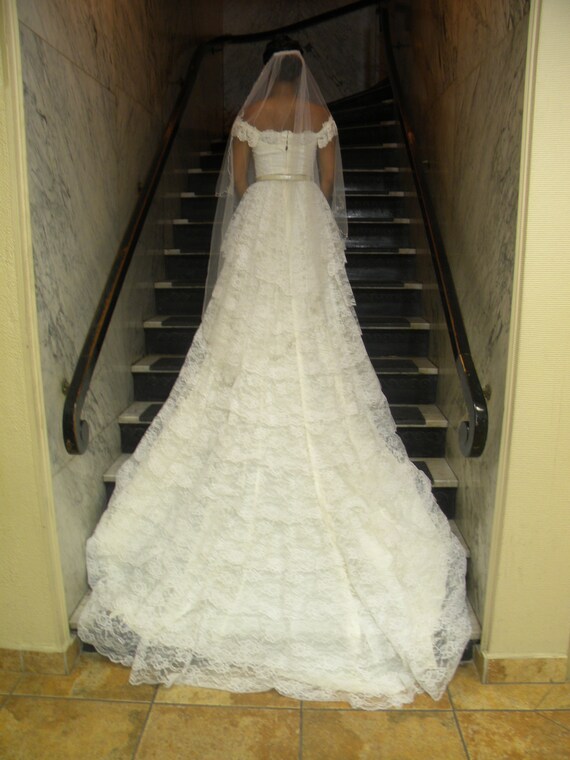 Vintage lace off-shoulder cathedral train wedding… - image 3