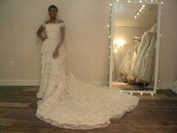 Vintage lace off-shoulder cathedral train wedding… - image 2