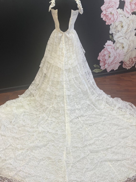 Vintage lace off-shoulder cathedral train wedding… - image 7