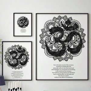 May include: Three black and white prints of the Om symbol, a sacred sound in Hinduism, with intricate mandala designs. The largest print includes a description of the meaning of Om.