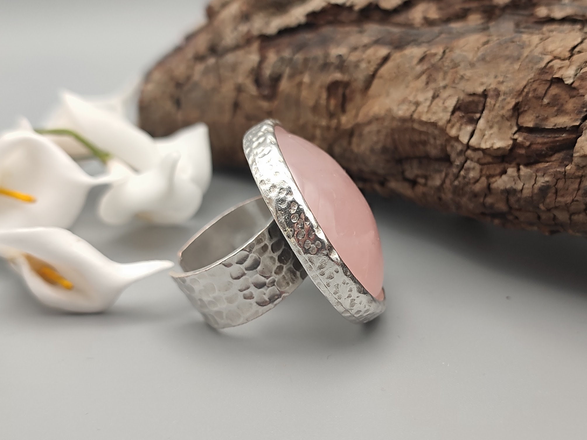 Bague Quartz Rose Naturel Réglable - Pierres Rectangulaires, Oxydée, Faite Main, Cadeau Homme/femme