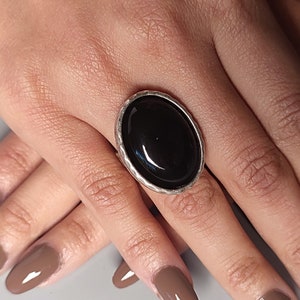 Black Onyx ring for women, adjustable black stone statement ring, black cocktail ring, dress ring Silver Hammered Large Oval Solitaire Ring