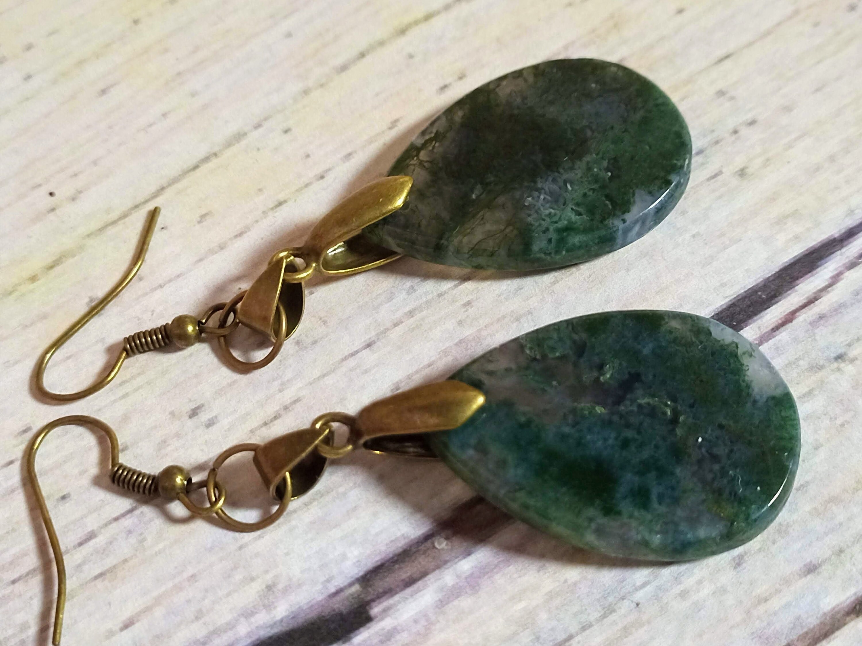 Dendritic Moss Agate earrings. Long green stone earrings. Moss | Etsy