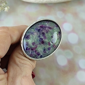 Fluorite Statement Ring: Chunky Antique Silver Adjustable Band