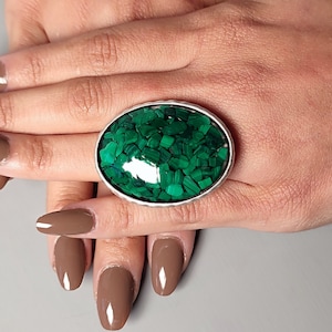 Malachite ring, large stone ring, green oval cocktail ring, Adjustable green Statement ring, Green dress ring