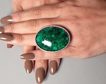 Malachite ring, large stone ring, green oval cocktail ring, Adjustable green Statement ring, Green dress ring