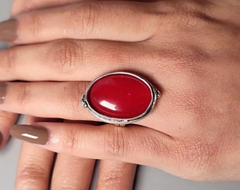 DARK RED JADE Antique Silver Ring Vintage Statement Genuine Crystal Cabochon Ring with Adjustable Band Confidence Courage Stone