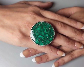 Large unusual Malachite statement ring large round green stone ring adjustable ring