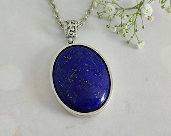 Hammered Silver Lapis Lazuli Pendant Necklace - Handmade