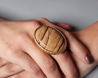 Handmade Picture Jasper Gold Ring: Adjustable Chunky Statement Ring