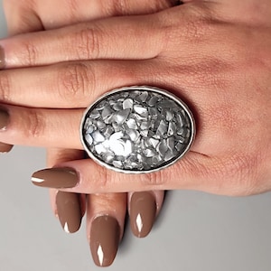 Large chunky silver cocktail ring, large gemstone ring, large oval adjustable antique silver ring,