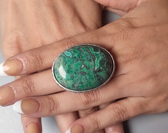 Jasper ring, large green Jasper silver stone ring, large stone ring, statement ring, unusual green stone ring