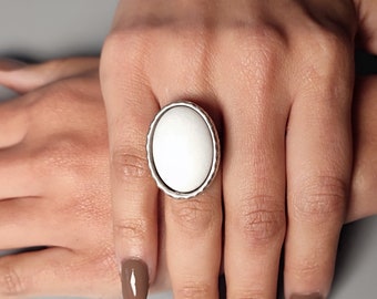 WHITE JADE RING with Zamak Silver Open Band and Genuine Oval Crystal Gemstone Fashion Ring Bridal Jewelry Gift Purity Harmony Stone