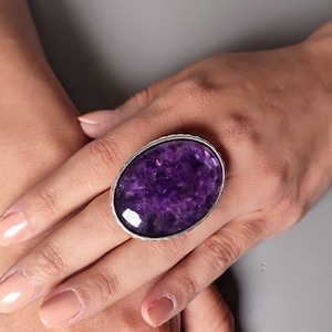 Oversized Amethyst Statement Ring: Antique Silver, Adjustable
