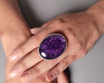 Large Amethyst ring, Amethyst statement ring, February Pisces birthstone ring, big silver gemstone ring