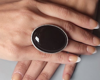 Large BLACK ONYX ring for women, big chunky black stone ring Large oval silver ring, large gothic ring, silver cocktail statement ring