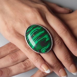 Handmade Faux Malachite Silver Statement Ring: Adjustable Cocktail Ring