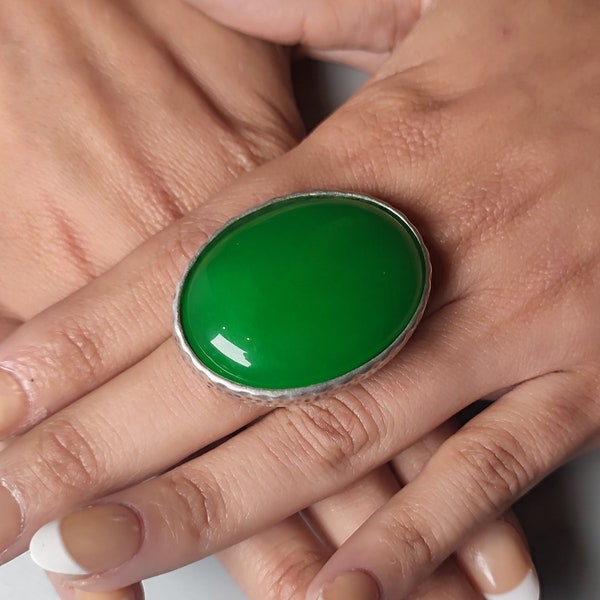 Grande bague en jade vert, bague ovale, bague réglable en argent antique avec pierres précieuses