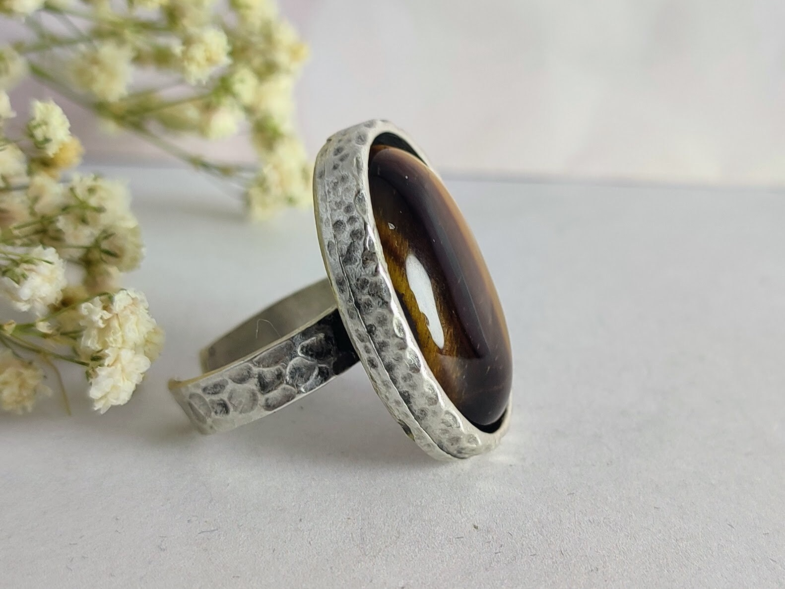 Bague En Argent Massif Avec Cabochon œil De Tigre - Taille 51 - Occasion