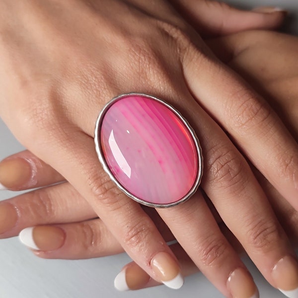 Hot pink QUARTZ large stone ring Big pink gemstone ring Unusual stone ring Pink cocktail ring Large womens ring Unique ring