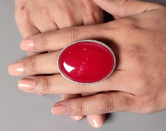 Large red Jade cocktail ring, Adjustable chunky silver jade ring, Large red jade silver statement ring