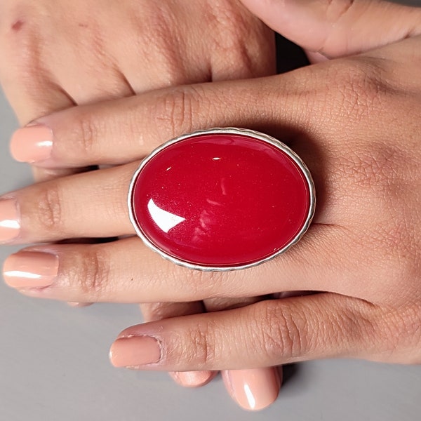 Large red Jade cocktail ring, Adjustable chunky silver jade ring, Large red jade silver statement ring