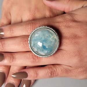 Aquamarine ring, March birthstone ring, Aquamarine cocktail ring, large Aquamarine gemstone ring, adjustable silver crystal statement ring