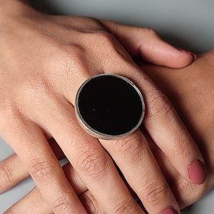 Round Antique Silver Ring, Adjustable Black Statement Ring, Chunky Silver Statement Ring