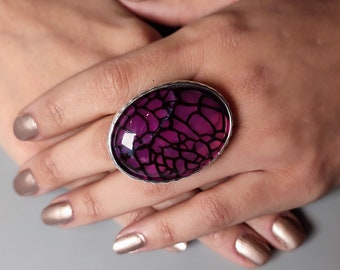 Oval Dragons Vein Purple Ring, Large Unique Gemstone, Adjustable Silver Band, Statement Jewelry