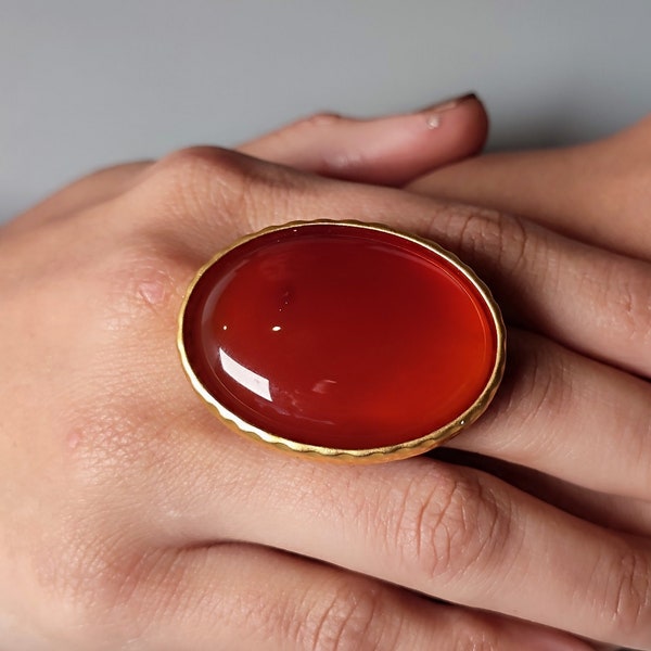 Chunky gold RED CARNELIAN ring Large oval statement ring Red gemstone ring Huge ring Chunky gold ring Handmade ring Women's large gold ring