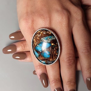 Large Jasper stone ring, Imperial Jasper blue cocktail statement ring, Big chunky silver ring