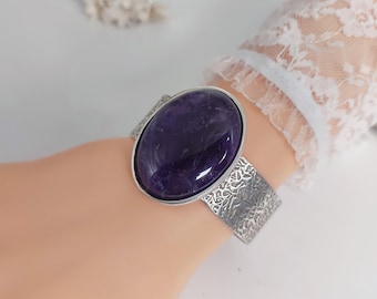 Cuff bracelet Boho Amethyst Bangle Bracelet - Wide Silver Cuff for Women, Gemstone Jewellery Wide Silver Bangle