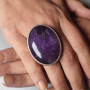 Amethyst ring, large Amethyst adjustable oval statement cocktail ring, chunky Amethyst silver ring