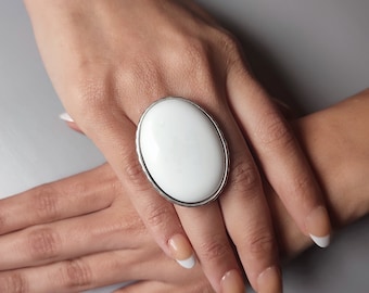 White stone ring, large white statement cocktail ring, large oval silver ring with stone