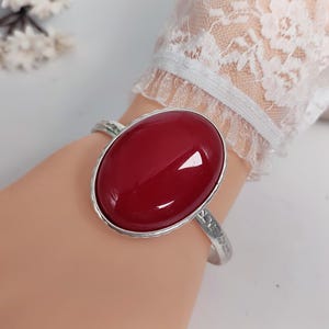 Red Malaysia Jade Silver Cuff Bracelet: Adjustable Bangle