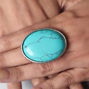 Turquoise Howlite large oval ring, big chunky silver statement cocktail ring, adjustable silver ring