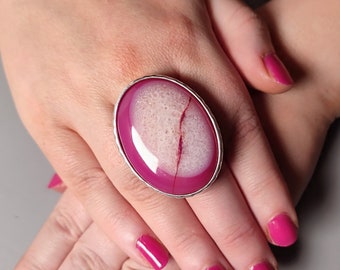 Pink and white stone ring Agate silver ring Handmade ring Gemstone ring Semi precious ring Gift for her Large pink costume statement ring