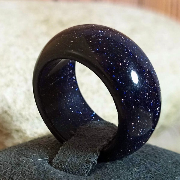 Blue Goldstone ring, Chunky big Goldstone ring, Sandstone ring, Sparkly blue ring, Thumb ring, wide band ring, stone ring band