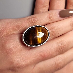 Tiger Eye Ring: Antique Silver Adjustable Band, Handmade Gemstone Jewelry