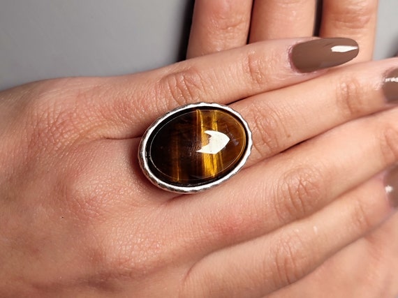 Bague En Argent Massif Avec Cabochon D'oeil De Tigre - Taille 51 - Occasion Portée