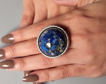 Lapis Lazuli COCKTAIL RING with Resin Dome Deep Mystical Blue Jewellery Bold Round Victorian Feminine Open Ring Wisdom Stone