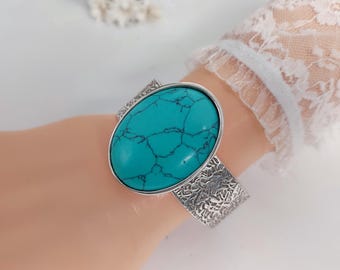 Turquoise cuff bracelet, Howlite bangle, wide silver cuff bracelet, silver cuff bangle, gemstone bangle