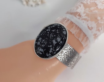 Snowflake Obsidian Cuff Bracelet: Antique Silver Bangle, Adjustable Gemstone Jewelry
