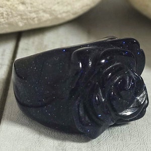 Blue Goldstone ring, large chunky womens ring, carved flower ring, sandstone ring,