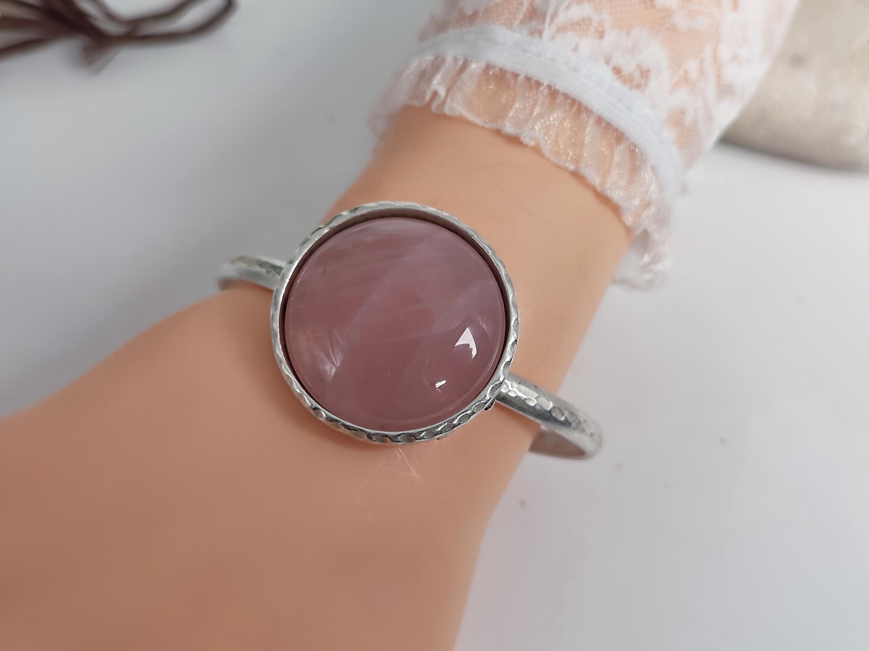 Rose Quartz bangle bracelet, Rose Quartz silver bracelet, narrow silver open adjustable bangle