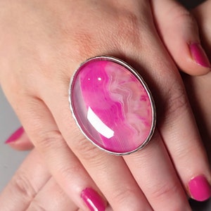 Pink Agate gemstone ring Semi precious ring Bold pink large stone ring Gift for her Unique one of a kind ring Cocktail costume ring