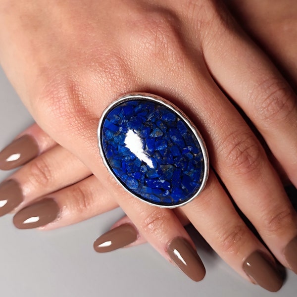 Large Lapis Lazuli oval gemstone ring, adjustable large blue cocktail ring,